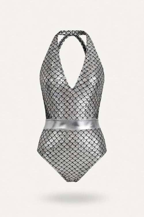 Fish Scale Halter Swimsuit — Silver