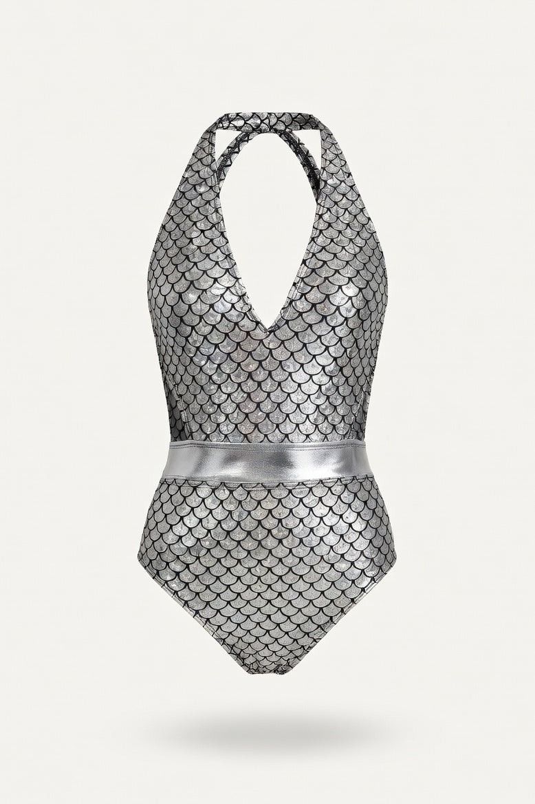 Fish Scale Halter Swimsuit — Silver