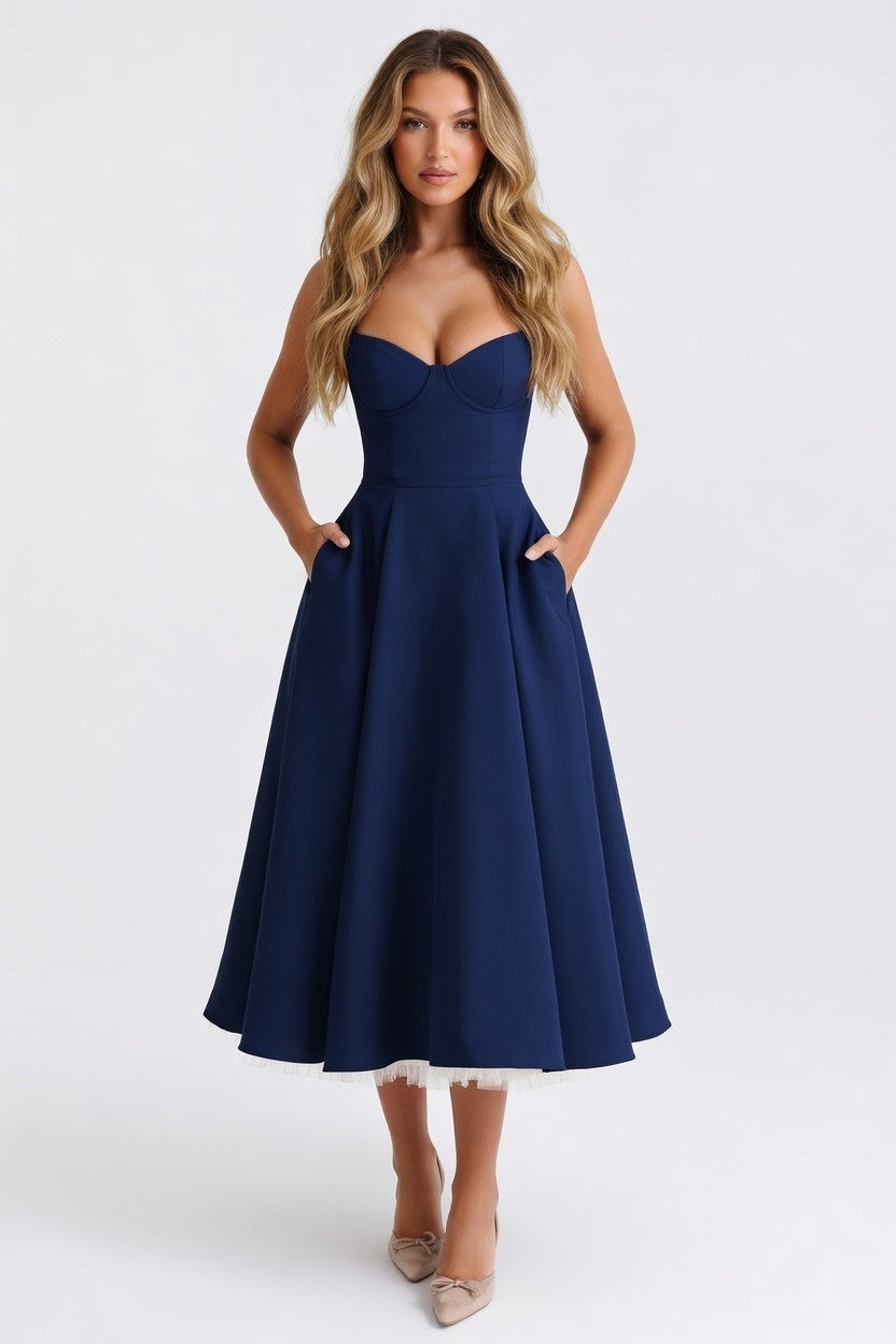 Mesh Double Layer Halter Dress — Navy Blue