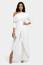 One Shoulder Pleated Wide Leg Jumpsuit — White
