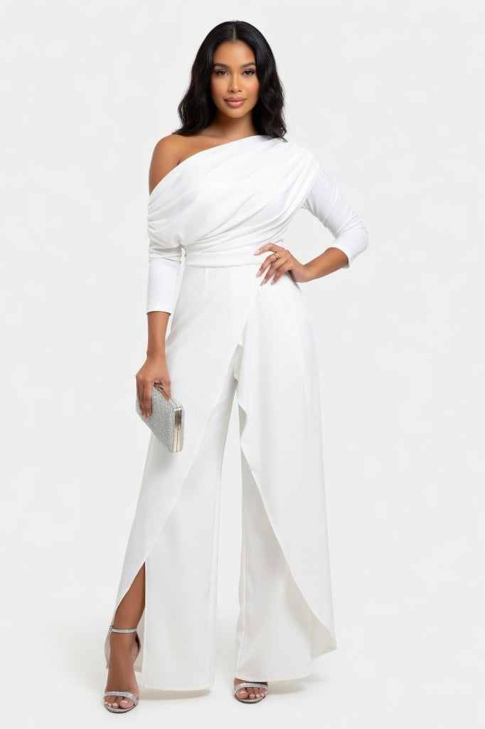 One Shoulder Pleated Wide Leg Jumpsuit — White
