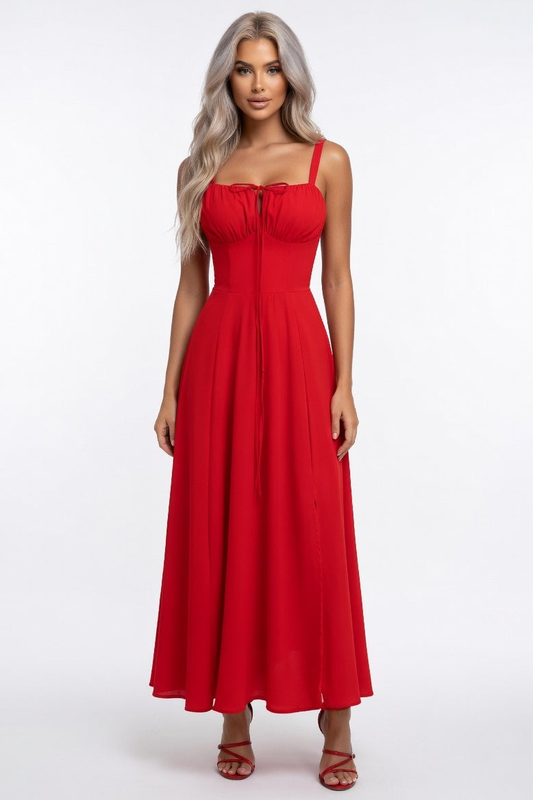Printed Halter Midi Dress — Red