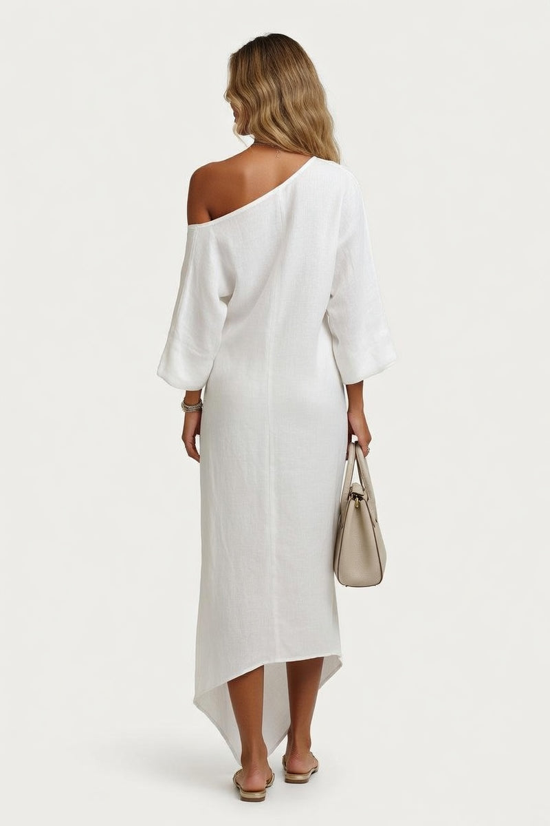 Off-Shoulder Lantern Sleeve Midi Dress — back view