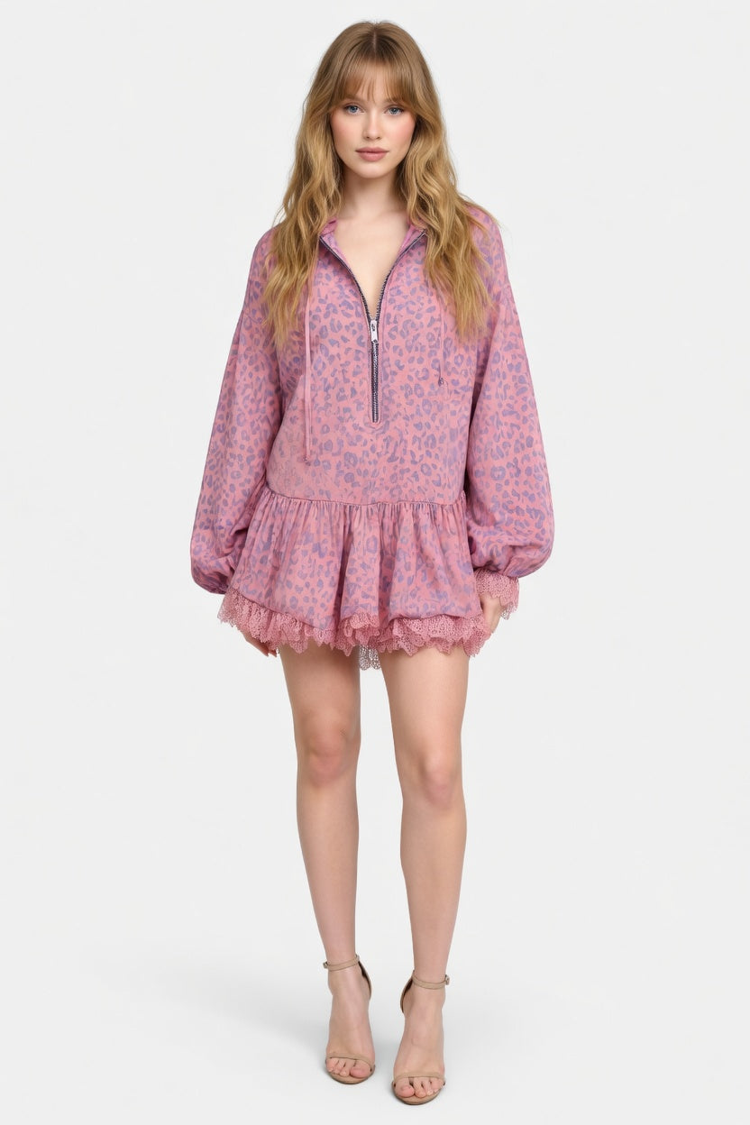 Lace Insert V-Neck Print Dress — front view