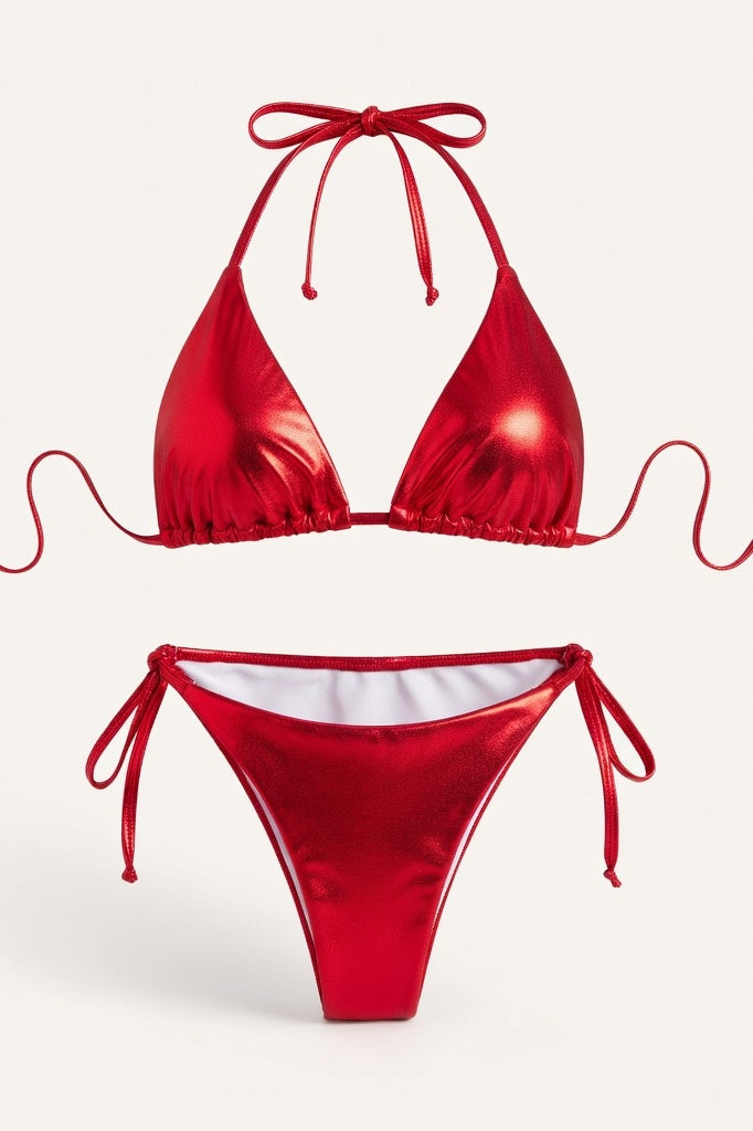 Lace-Up Bikini Set — Red Gold Foil