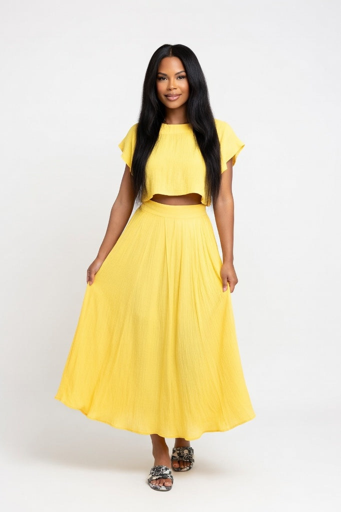 Crop Top & Pleated Midi Skirt Co-ord — Yellow