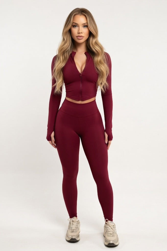 V-Neck Zip Co-ord Set — Red