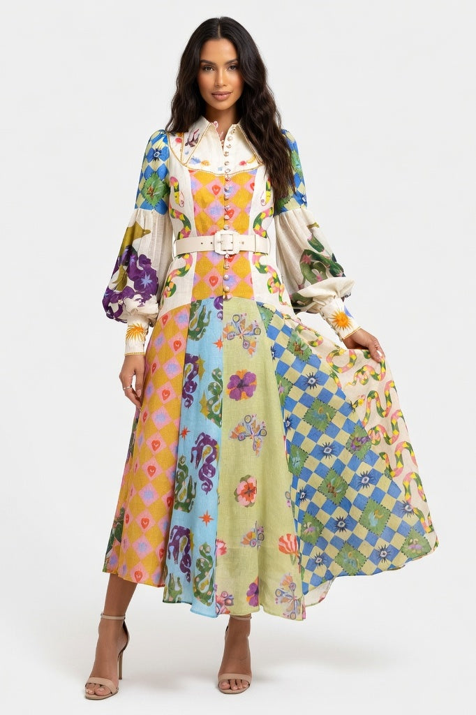 Printed Swing Dress with Lantern Sleeves — As Pictured