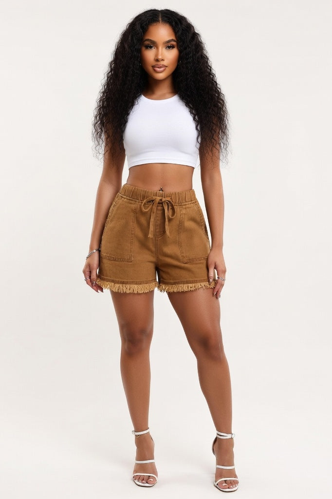 Raw Edge Denim Shorts — Khaki