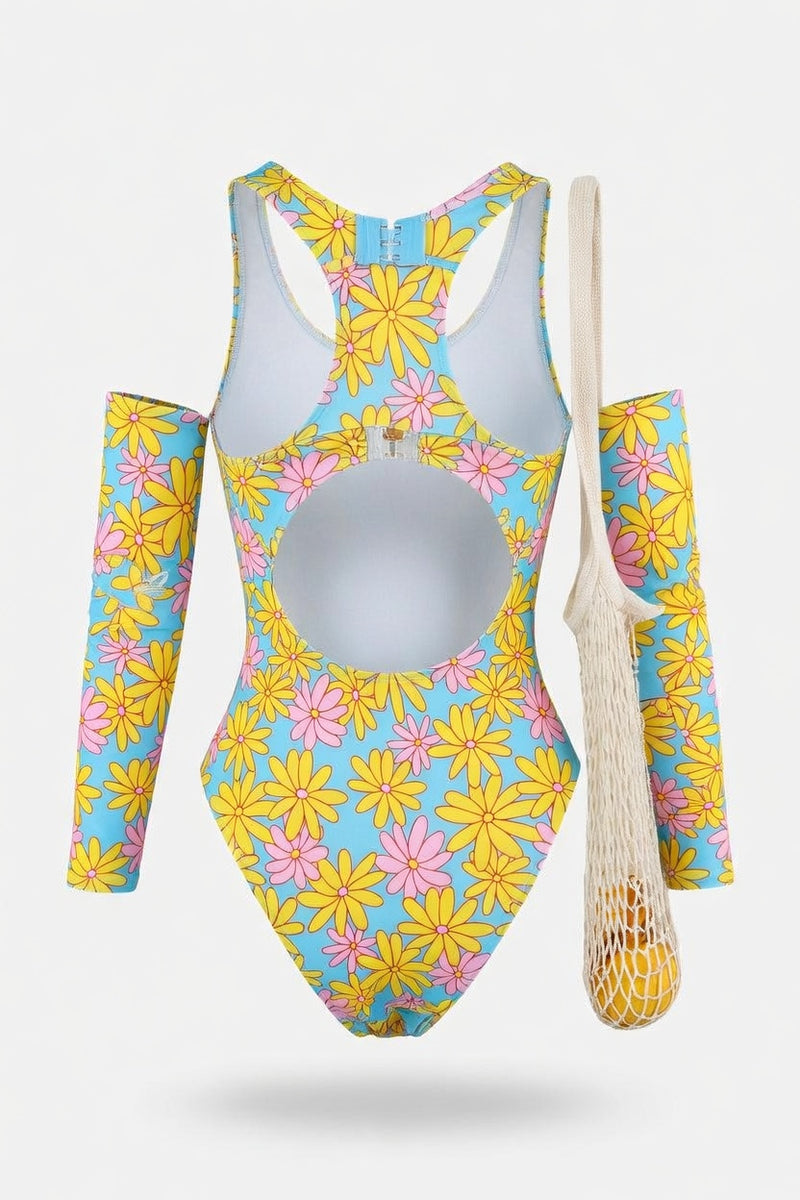 Printed Long-Sleeve Swimsuit — back view