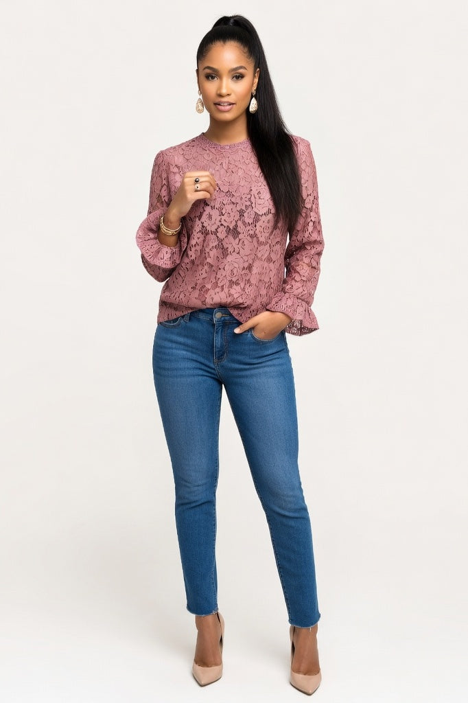 Lace Bell Sleeve Top — Rose Red