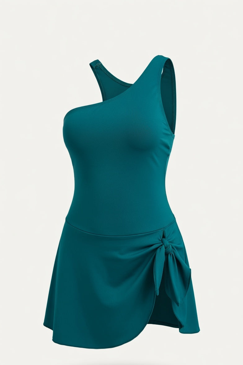 One Shoulder Print Swimsuit — Peacock Green
