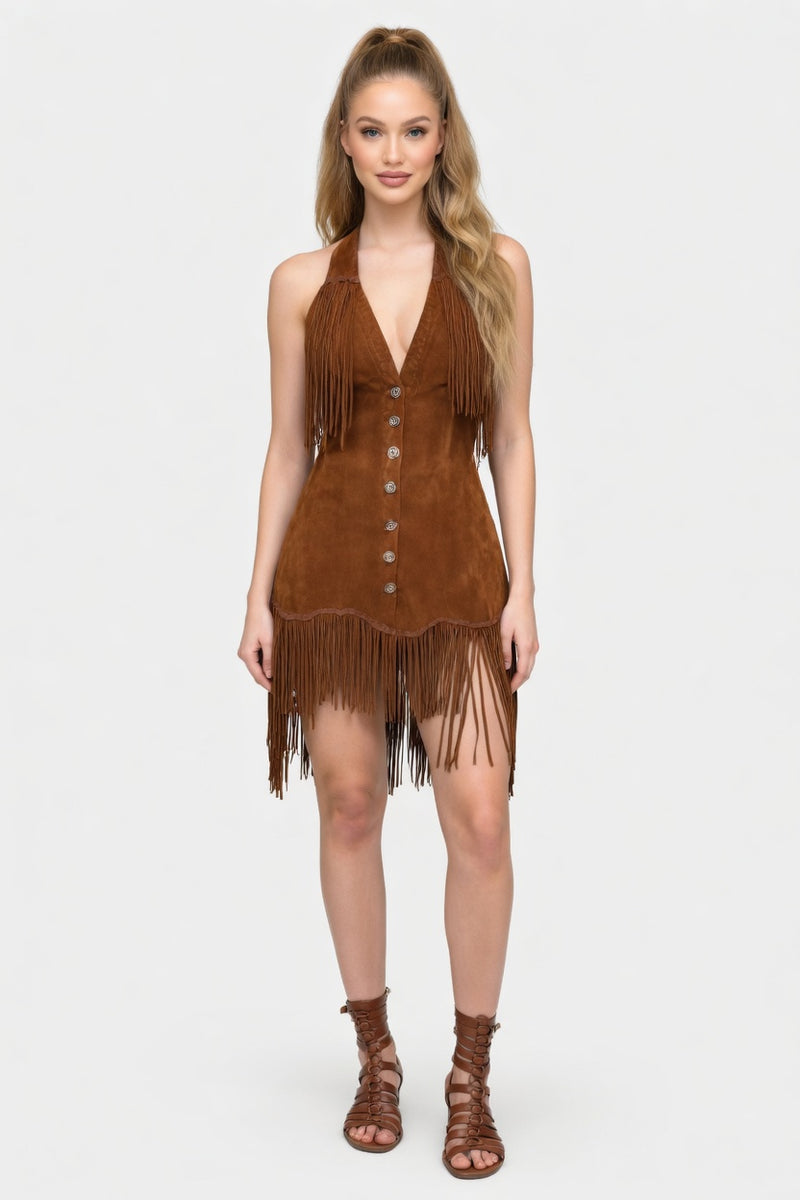 Fringed Suede Western Dress — front view