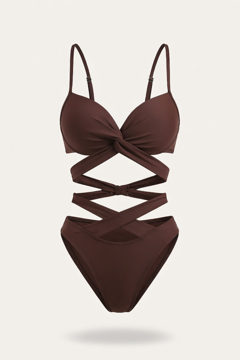 High Waist Cut-Out Bikini — Brown