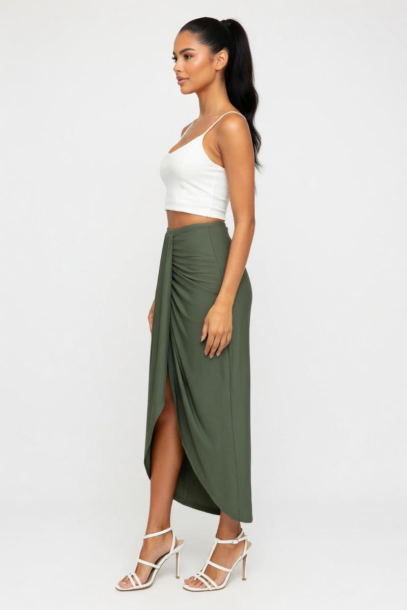 Draped Asymmetric Wrap Skirt — side view