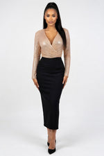 Draped Deep V Midi Dress — Sequin Black