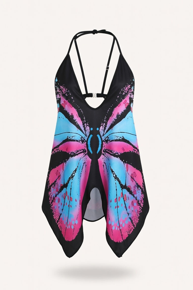 Butterfly Print Halter Dress — Purple Red