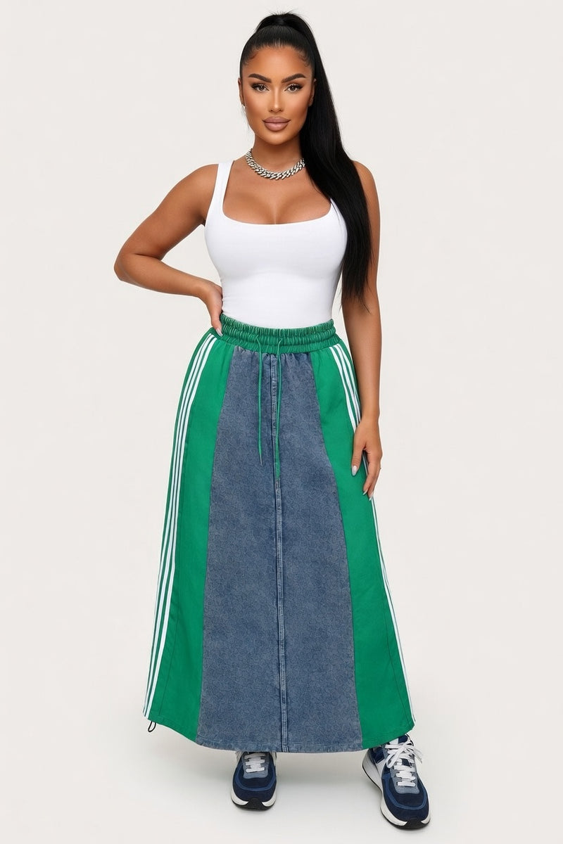 Striped Contrast Denim A-Line Skirt — front view
