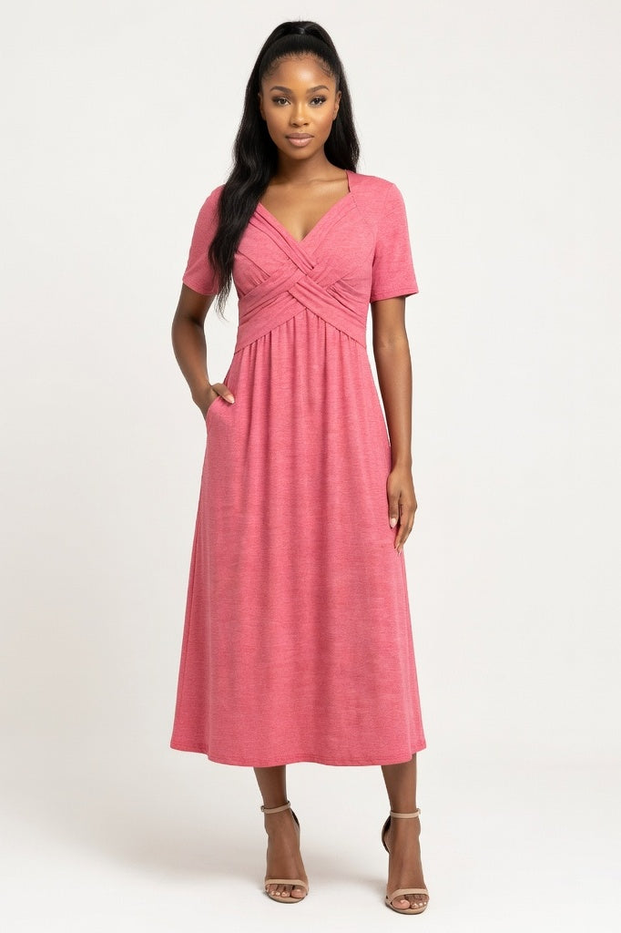 Draped Short Sleeve Dress — Watermelon Red