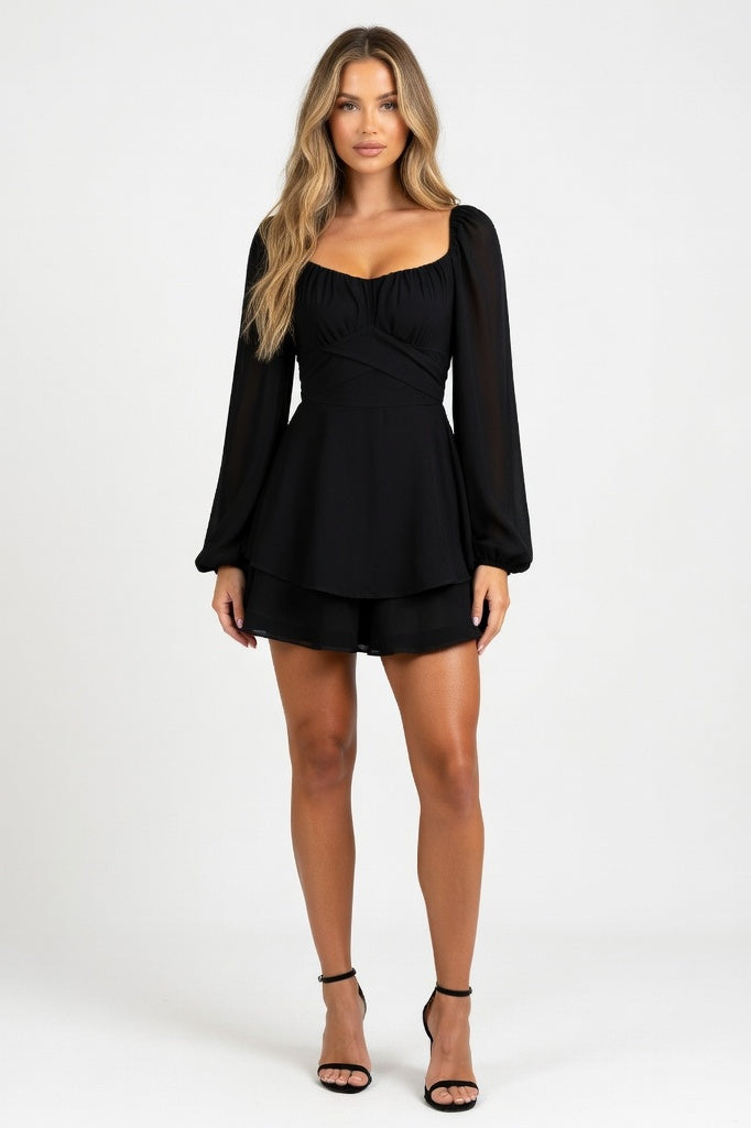 Ruffle Square Neck Jumpsuit — Black