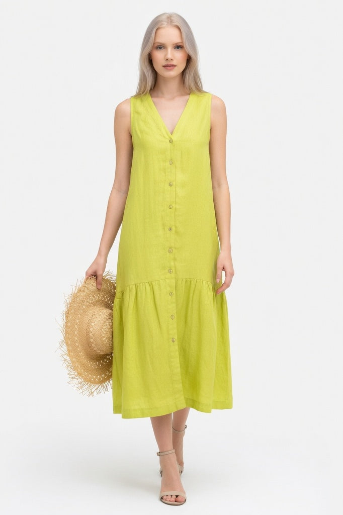 Linen V-Neck Maxi Dress — Light Green