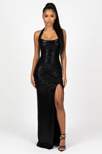 Sequined Halter Slit Dress — Black