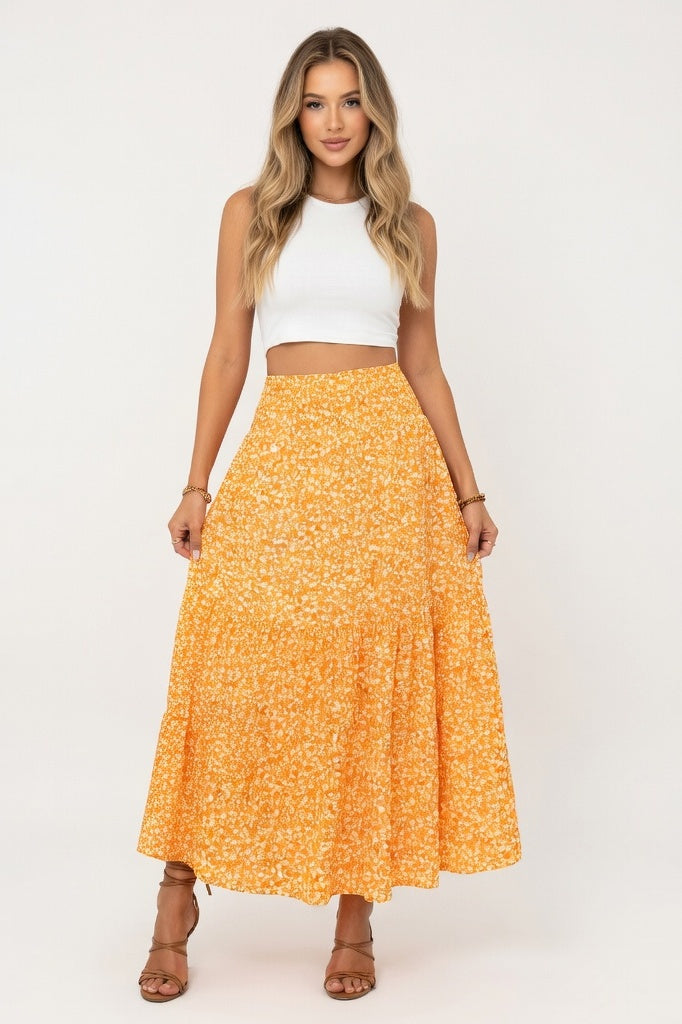 Floral A-Line Midi Skirt — Yellow Floral