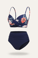High Waist Split Bikini Set — Navy Floral