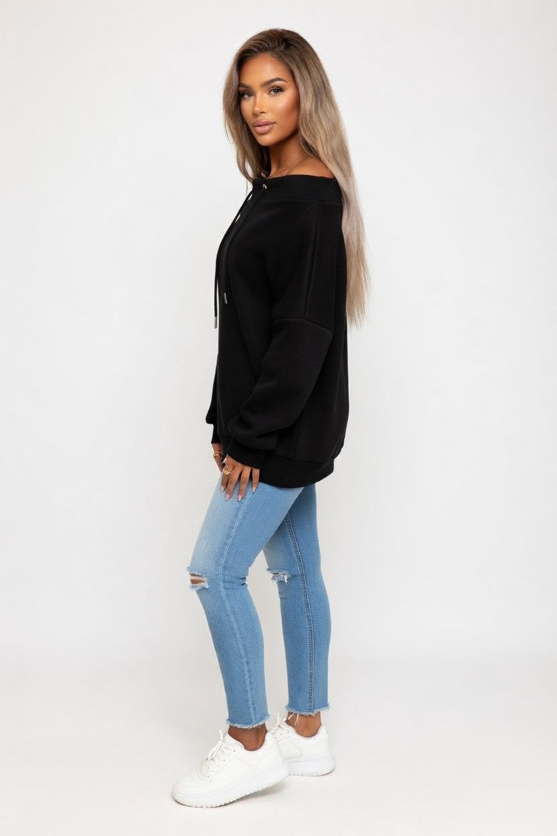 Off-Shoulder Drawstring Sweatshirt — side view