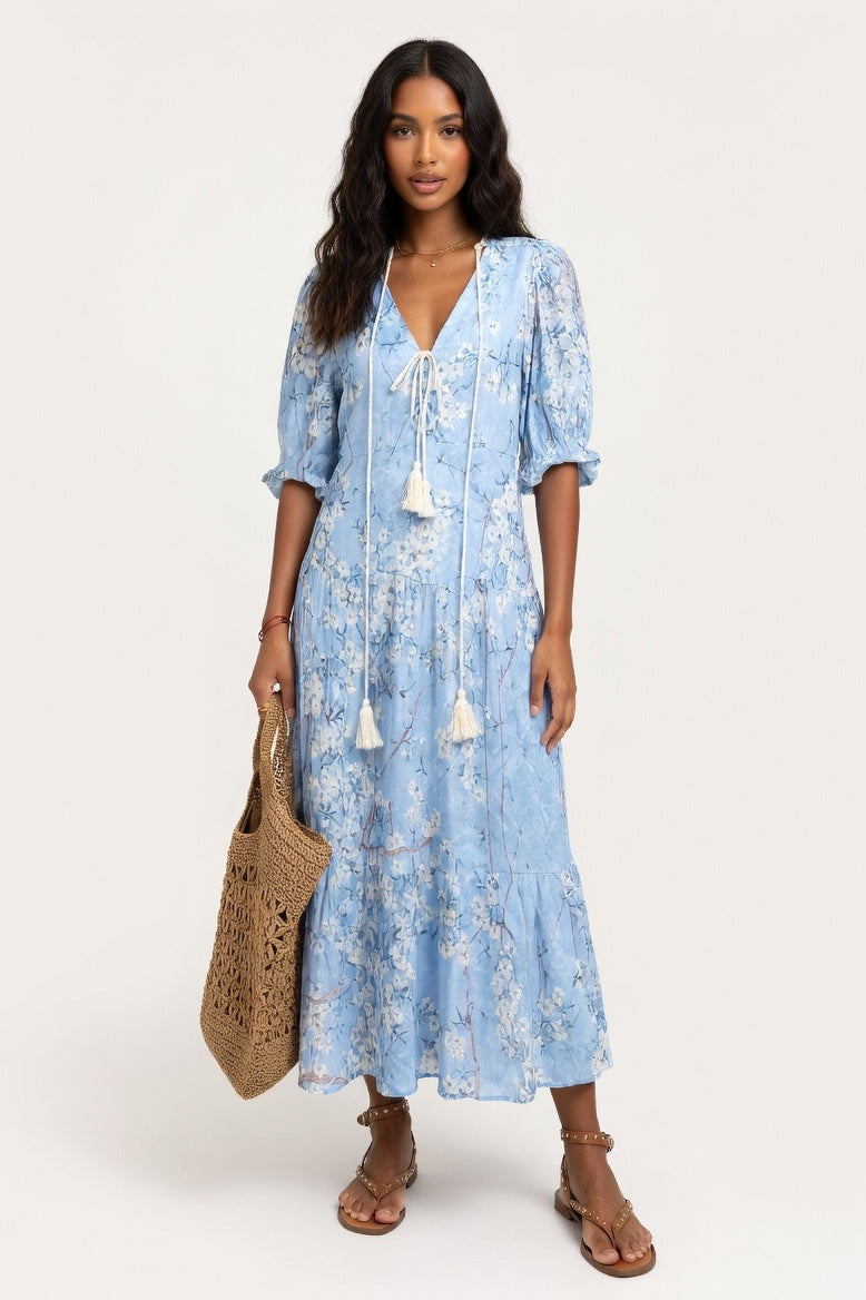 Printed V-Neck Midi Dress — Light Blue