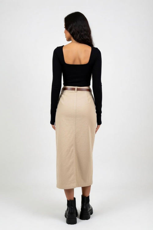 Belted Denim A-Line Skirt — back view