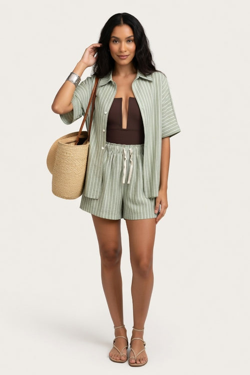 Striped Shirt & Shorts Co-ord Set — Grey