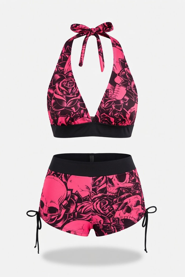 Skull Print Boxer Swimsuit — Rose Red