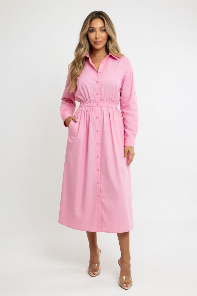 Belted Shirt Dress — Pink
