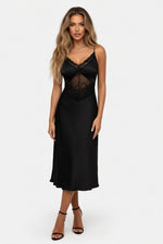 Satin Slip Dress with Lace Trim — Black