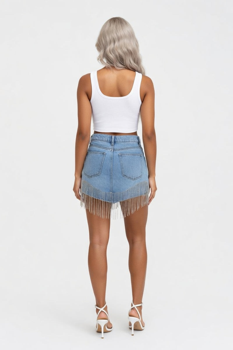 Raw Hem Denim Shorts — back view