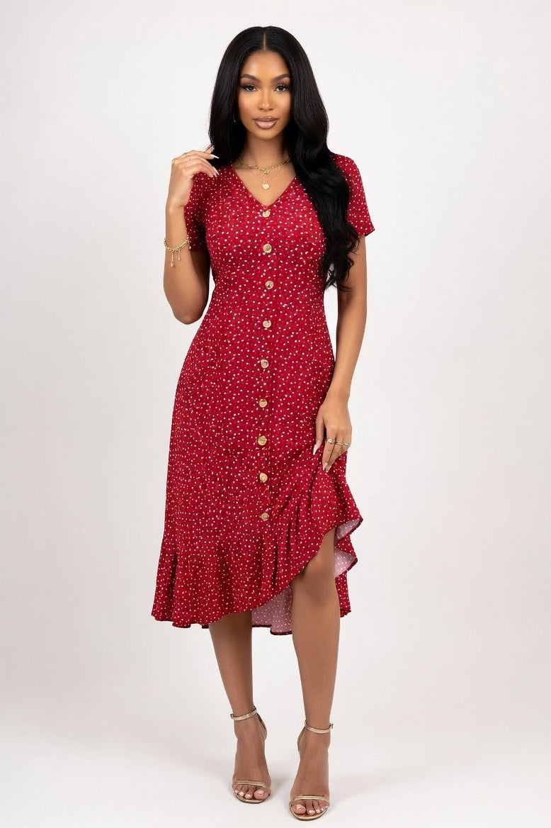 Polka Dot V-Neck Dress — Burgundy