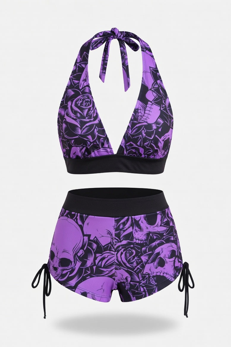 Skull Print Boxer Swimsuit — Purple