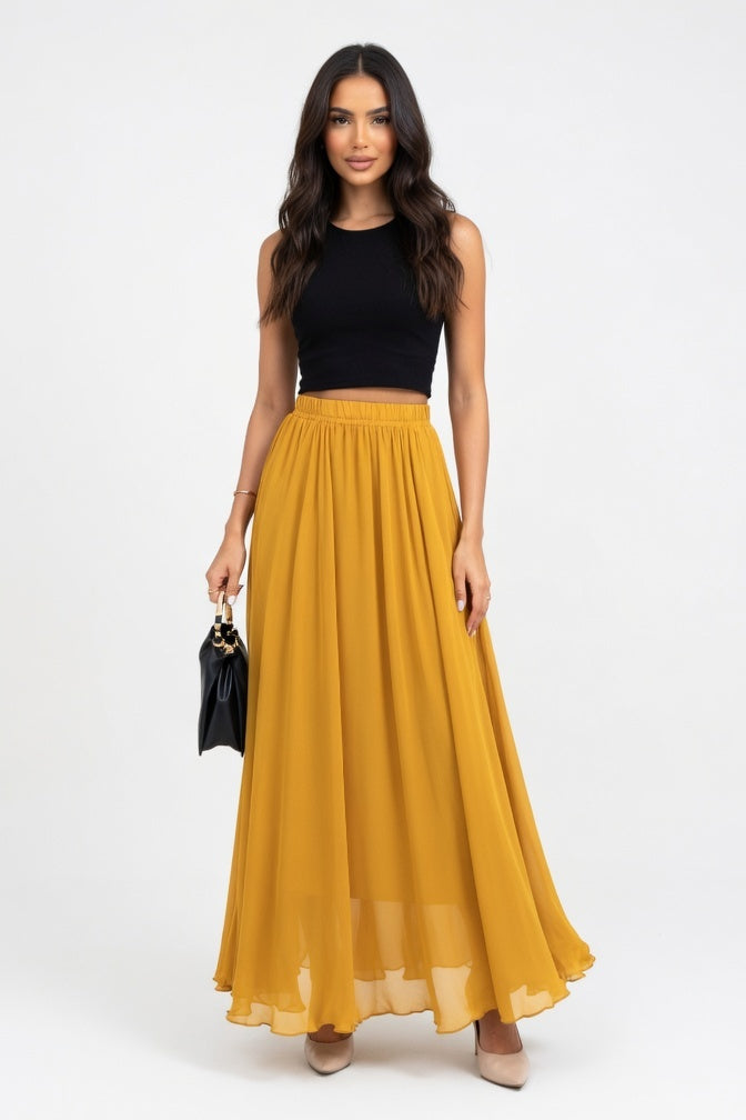 Chiffon High-Waist Maxi Skirt — Yellow