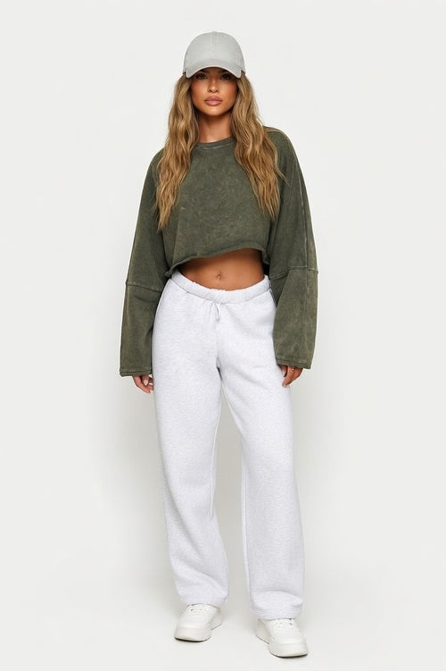 Cropped Distressed Sweatshirt — Washed Army Green