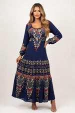 Printed U-Neck Maxi Dress — Blue