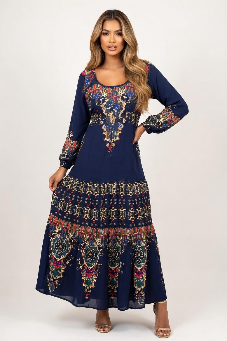 Printed U-Neck Maxi Dress — Blue