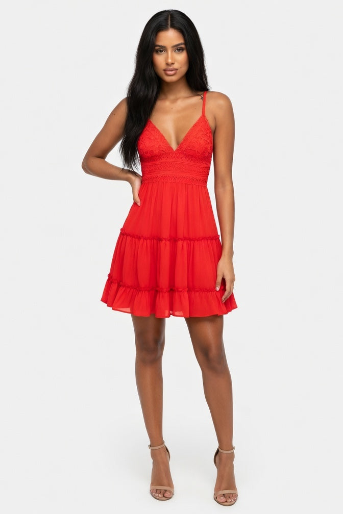 Lace Panel Suspender Dress — Red