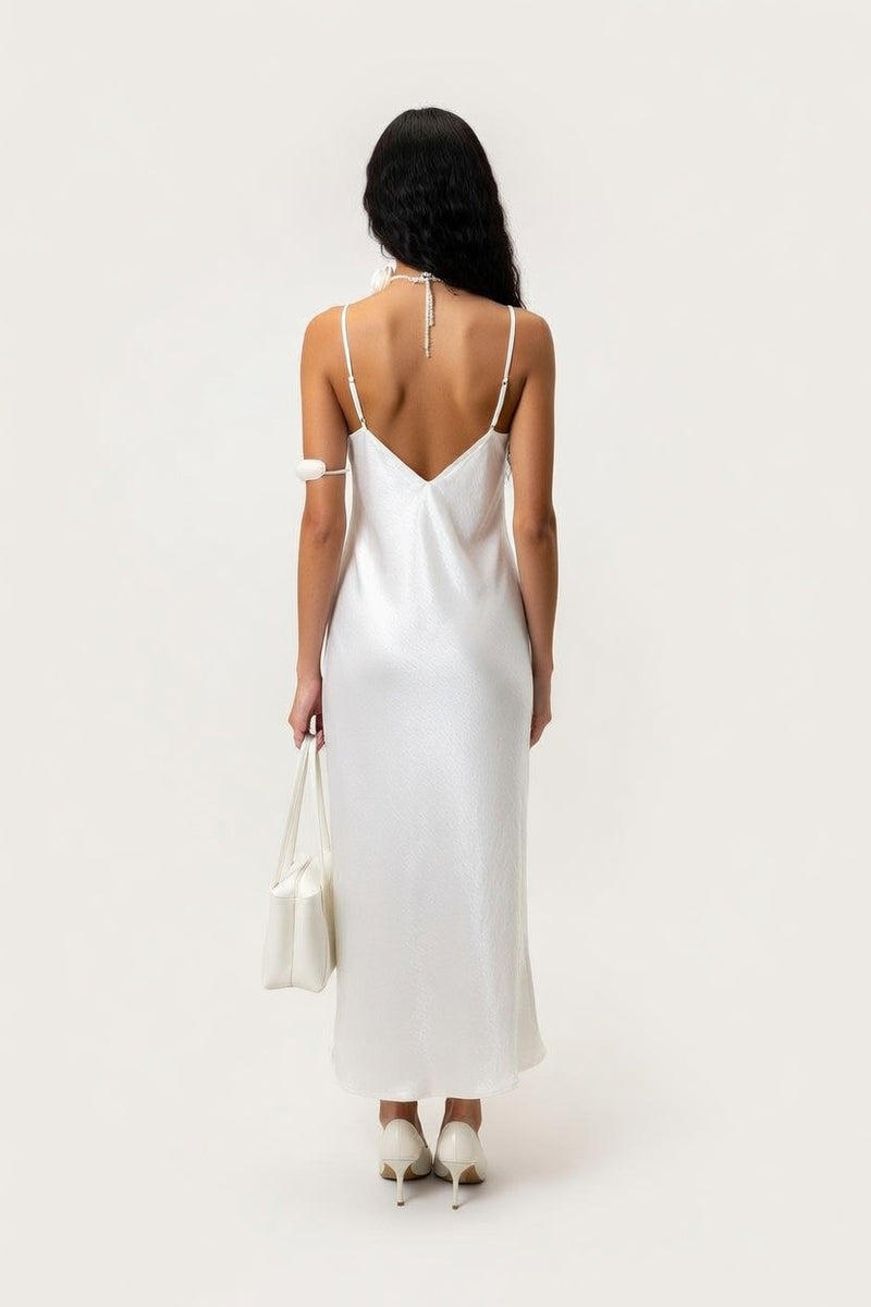 Satin V-Neck Lace Splice Dress — back view