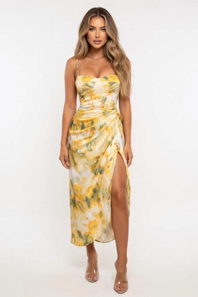 Contrast Print Pleated Mini Dress — Pale Yellow