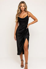 Satin Slip Dress with Thigh Slit — Black