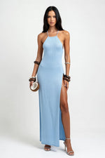 Knit Halter Dress with Side Slits — Light Blue