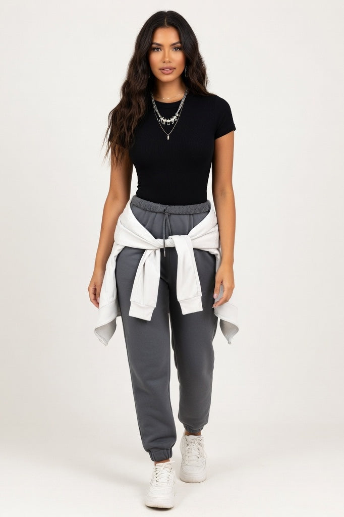 Ribbed Off-Shoulder Top — Dark Grey