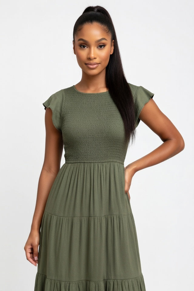 Pleated Short Sleeve Dress — Army Green