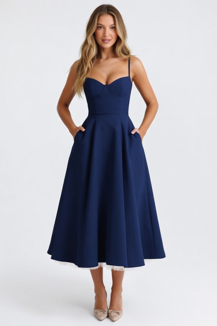 Mesh Double Layer Halter Dress — Navy Blue